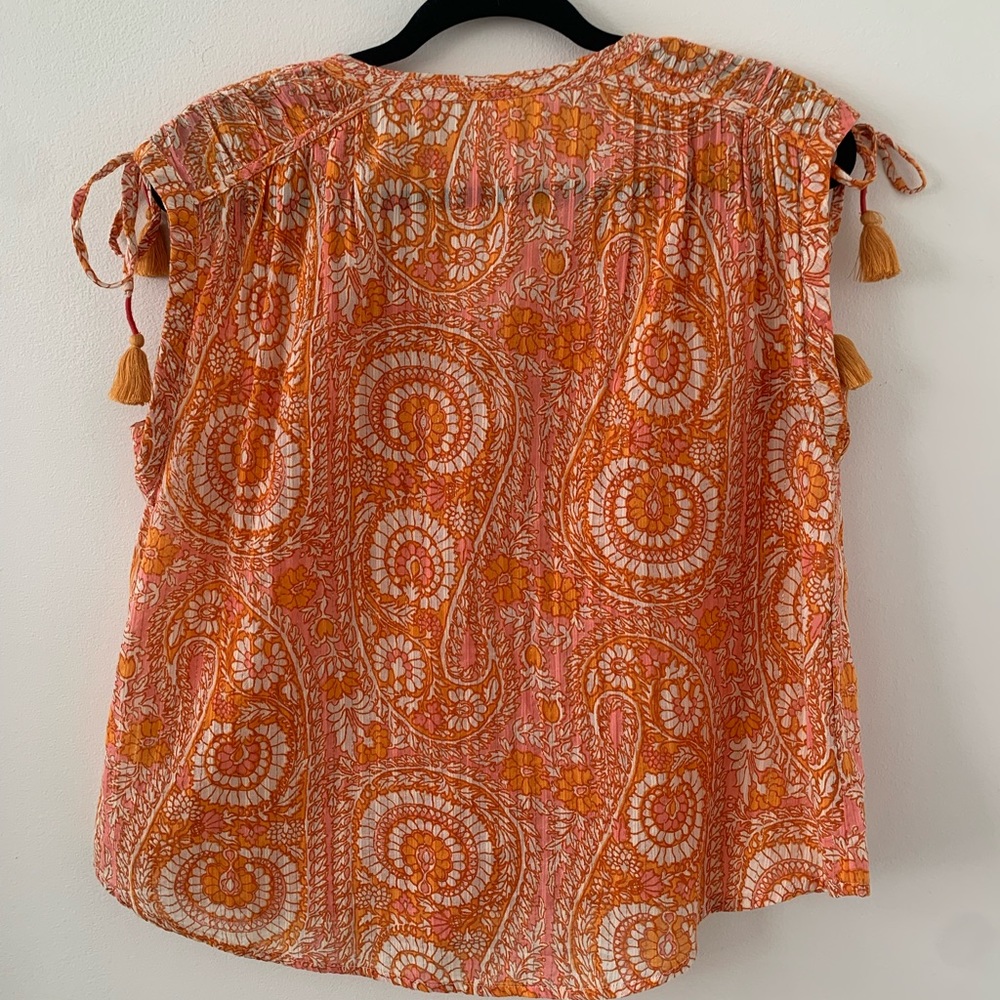 Anthropologie Shirred Cap Sleeve Tassel Blouse - Picture 6 of 8